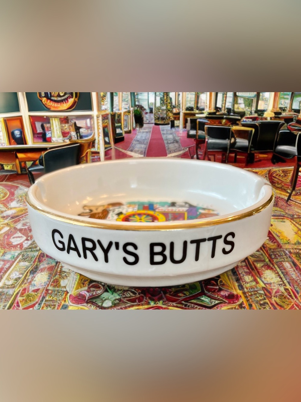 “GARY’S BUTTS“ Las Vegas Ceramic Souvenir Ash Tray Cigarettes Casino